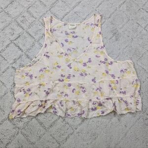 Free People Top Women's S Ivory Floral Tank V-Neck Ruffle Intimate Sleeveless